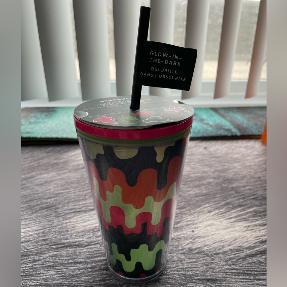 NWT: Starbucks Halloween 16oz Glow In The Dark Cold Cup w/ stickers